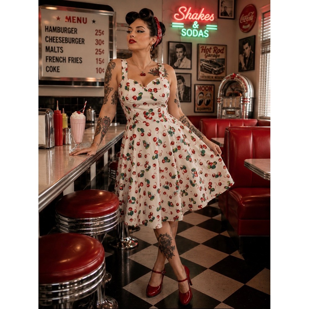 Unique Vintage Womens Size S Cherry Print Swing Dress Ivory Red Rockabilly